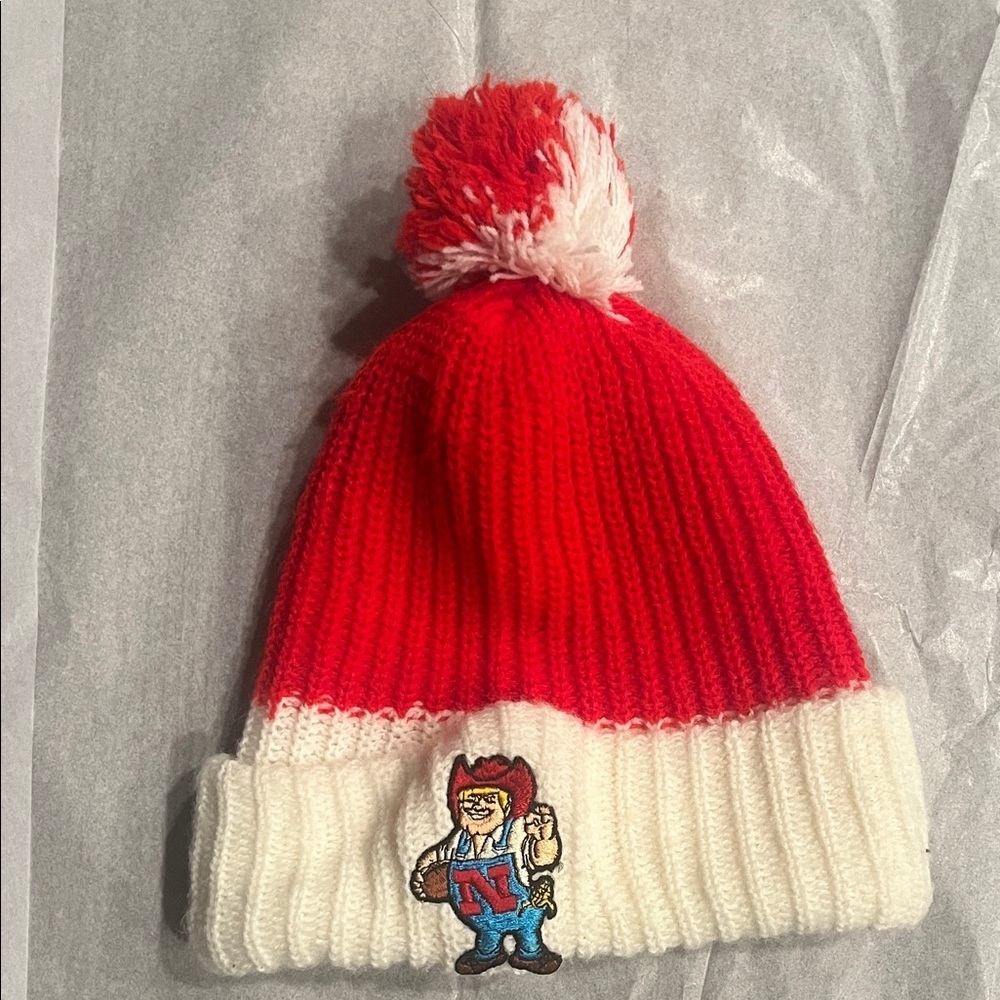 Nebraska Red and White Knit Beanie with Logo